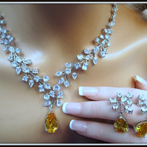 Citrine pear cut gemstone ladies Necklace Earrings Set For Brides party Weddings - Picture 2 of 8